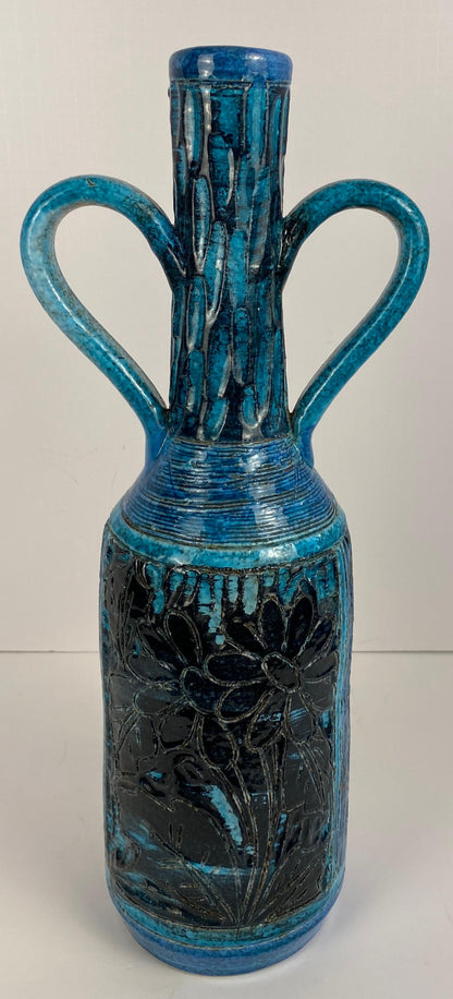 Accolay Style Ceramic Vase with Handles, Large Blue Vase att. to Accolay Pottery — detail 9
