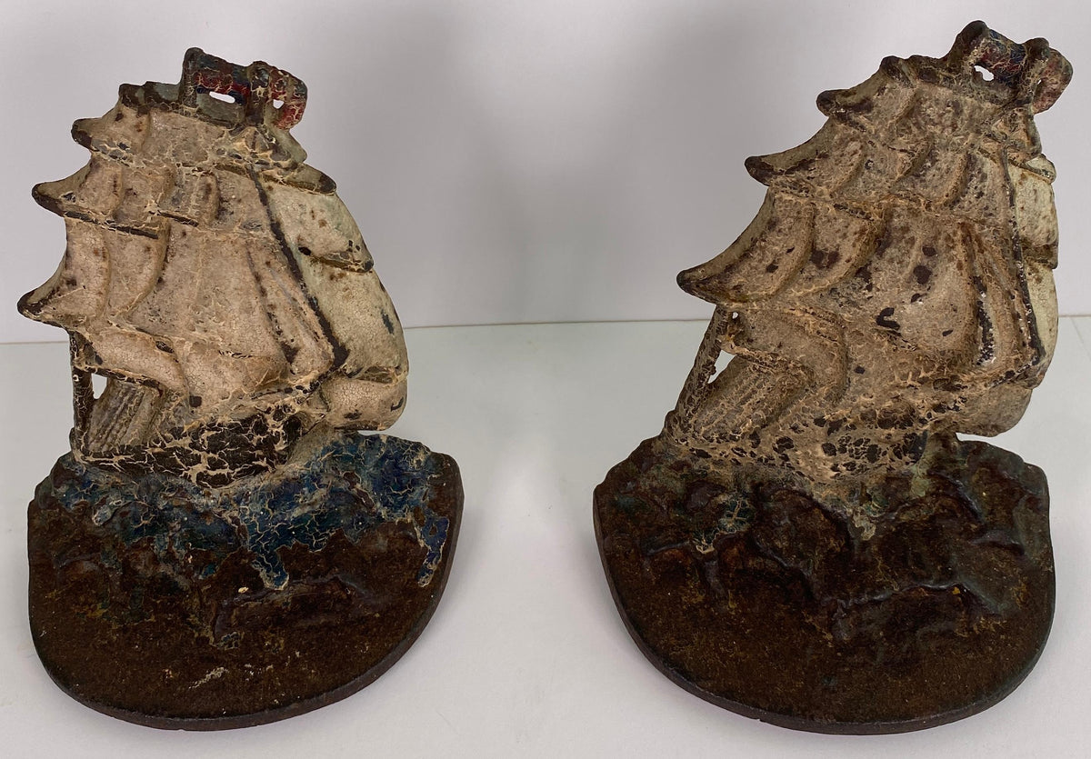 Pair of Antique Nautical Cast Iron Sailboat Bookends Polychrome Painted Finish — detail 2