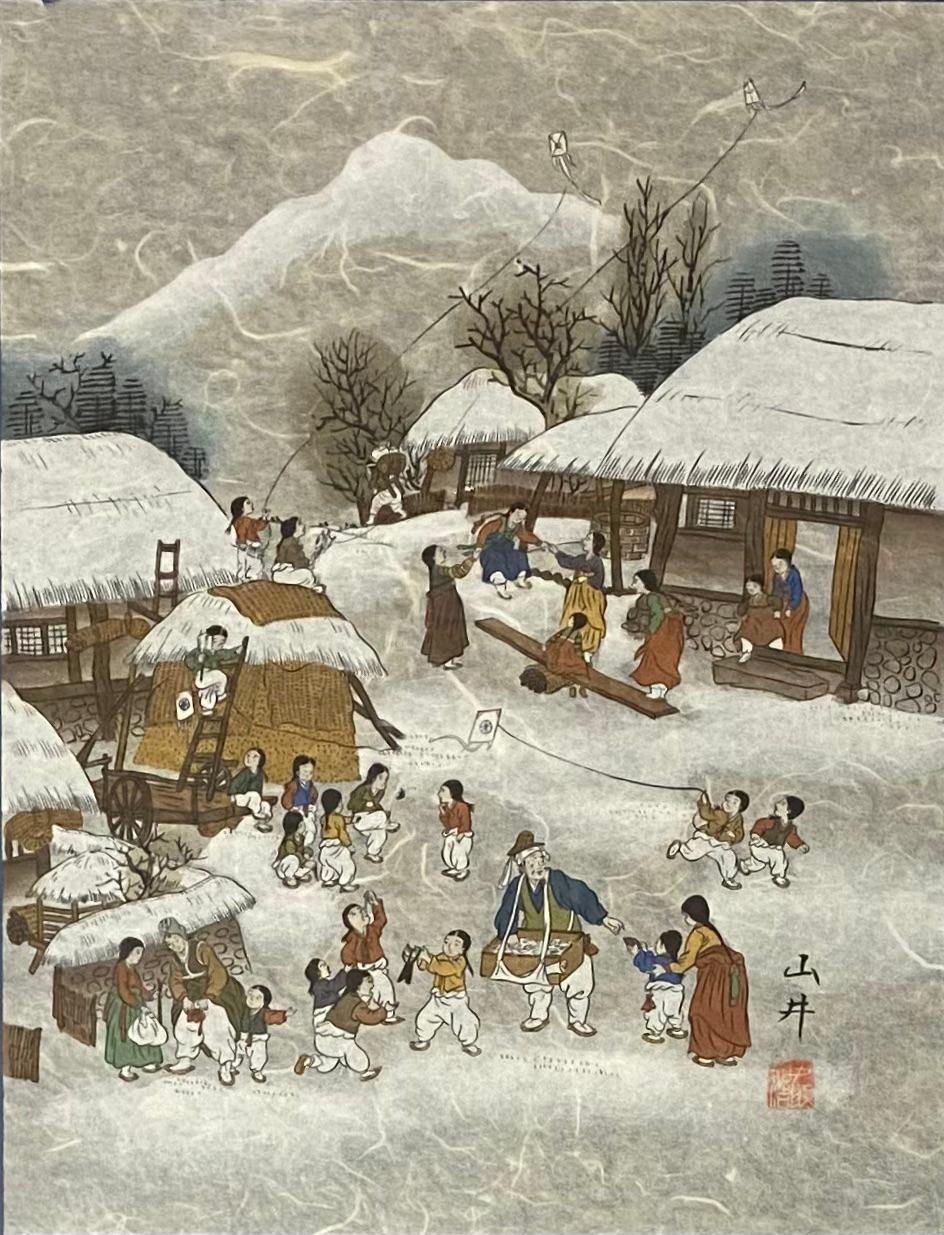 Original Chinese Gouache on Mulberry Paper A Mountainous Winter Scene — detail 2