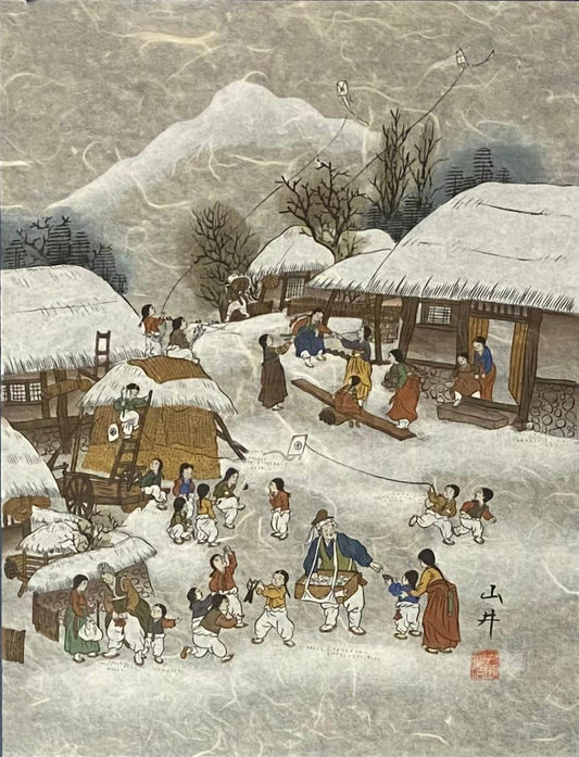 Original Chinese Gouache on Mulberry Paper A Mountainous Winter Scene — detail 2