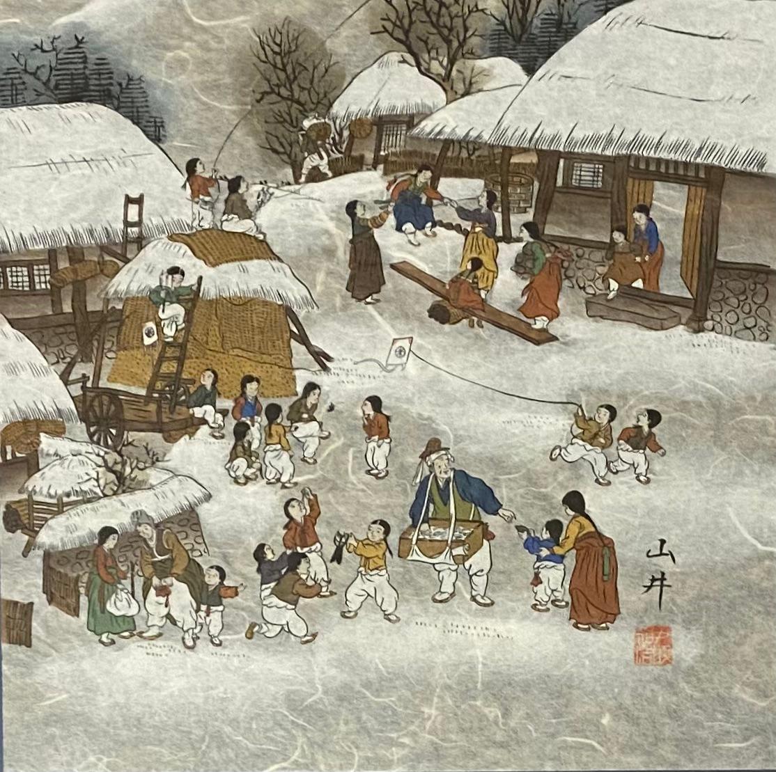 Original Chinese Gouache on Mulberry Paper A Mountainous Winter Scene — detail 4