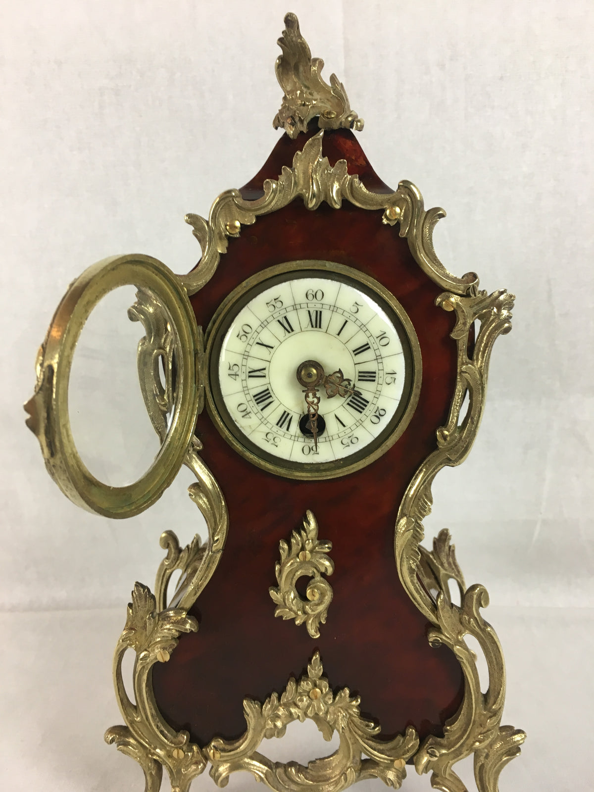 19th Century French Mantel Desk Clock Ormolu Mounts, Boulle Style — detail 4