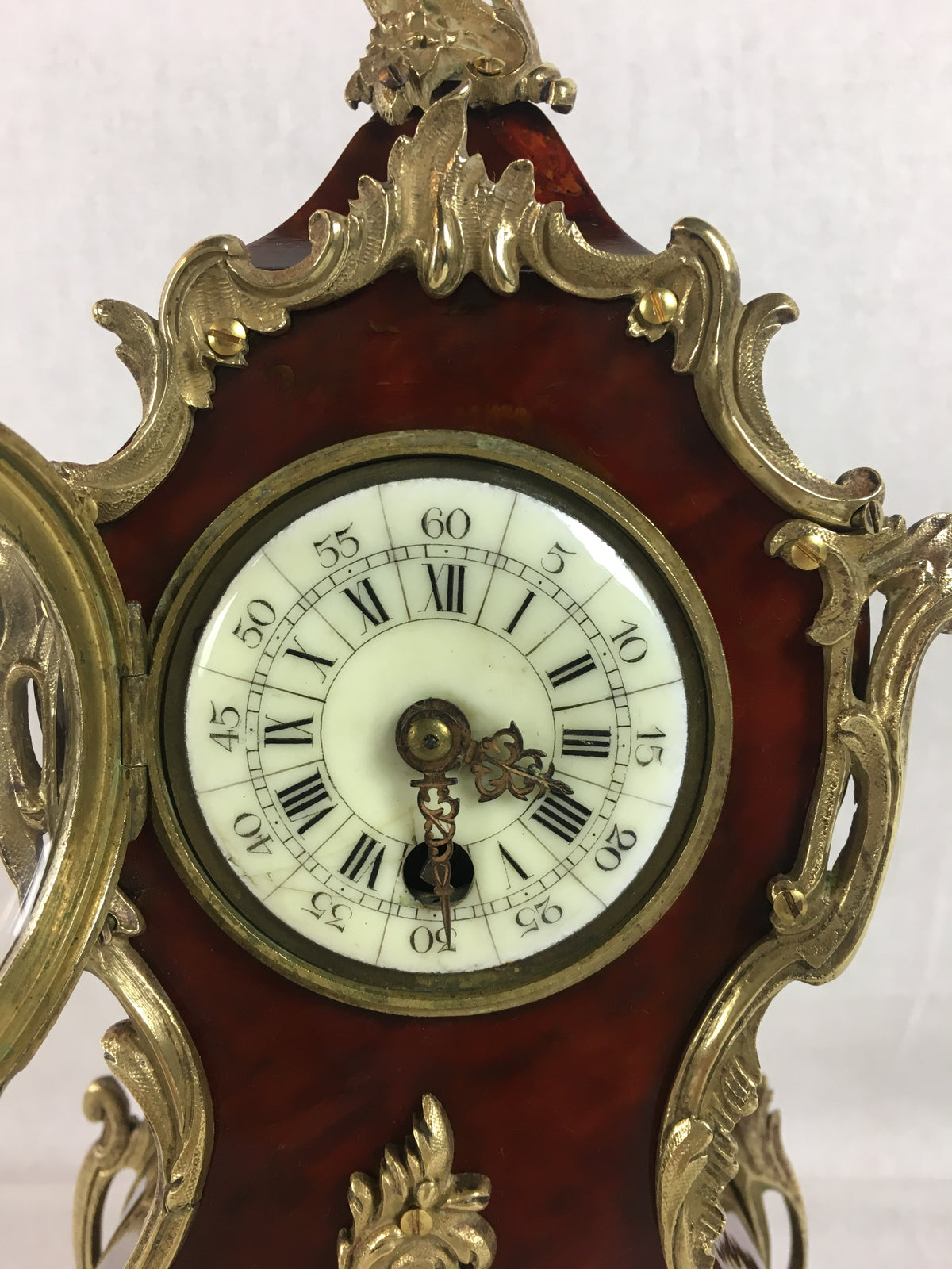 19th Century French Mantel Desk Clock Ormolu Mounts, Boulle Style — detail 5
