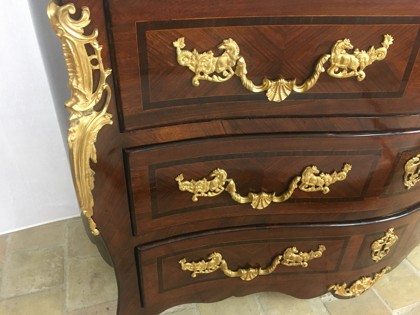 18th Century French Louis XV Style Bombe Commode with Ormolu Bronze Mounts — detail 12