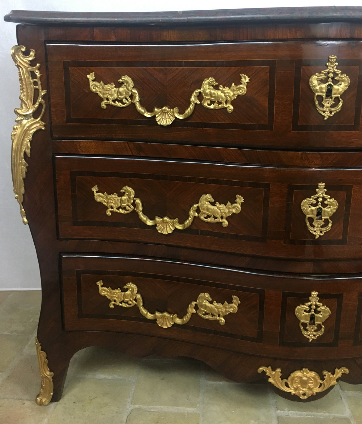 18th Century French Louis XV Style Bombe Commode with Ormolu Bronze Mounts — detail 5