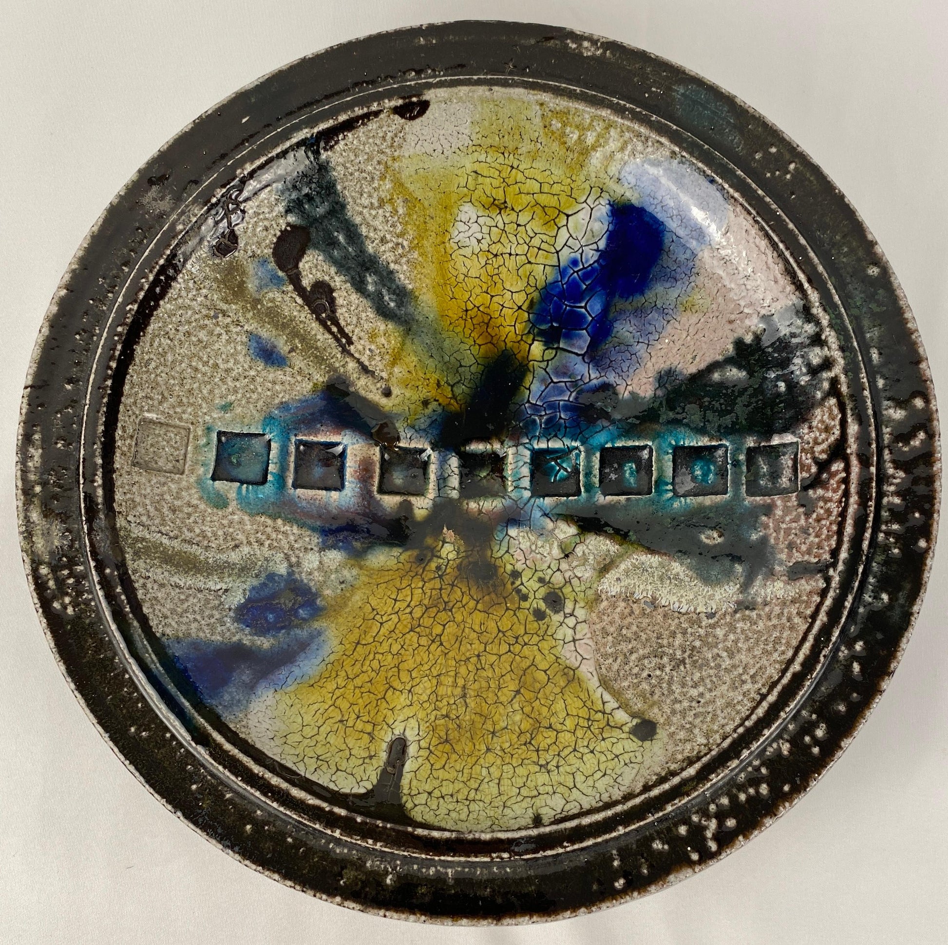 Round Saint Clement Style Crackle Finish Ceramic Bowl, Signed — detail 2