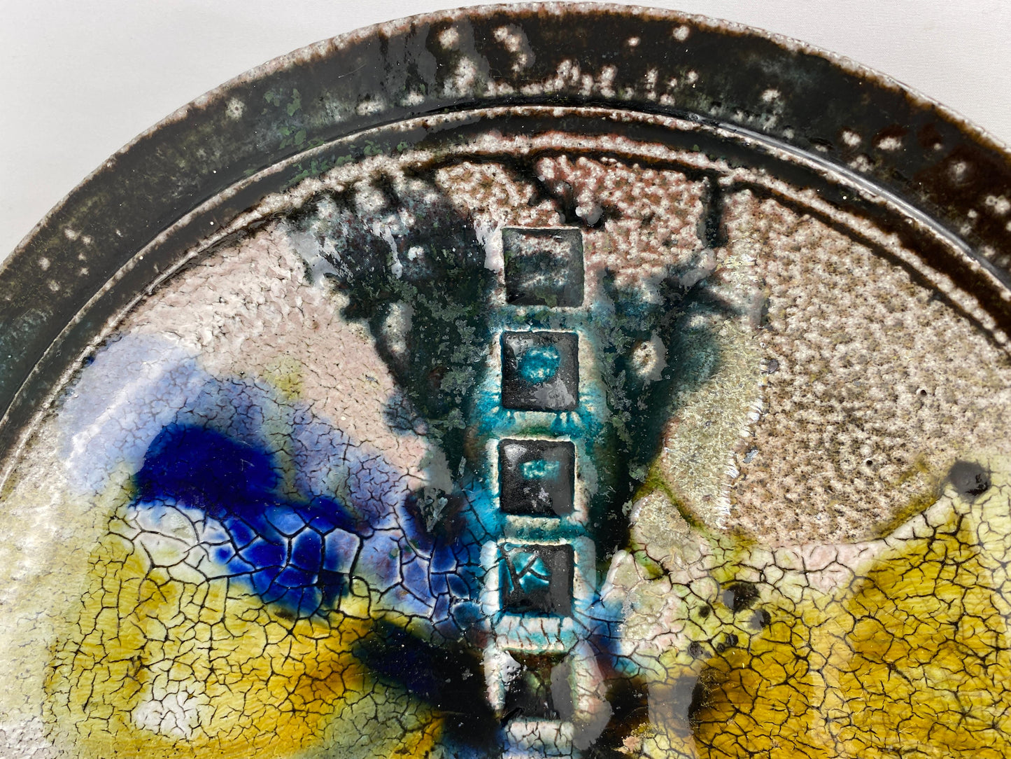 Round Saint Clement Style Crackle Finish Ceramic Bowl, Signed — detail 6