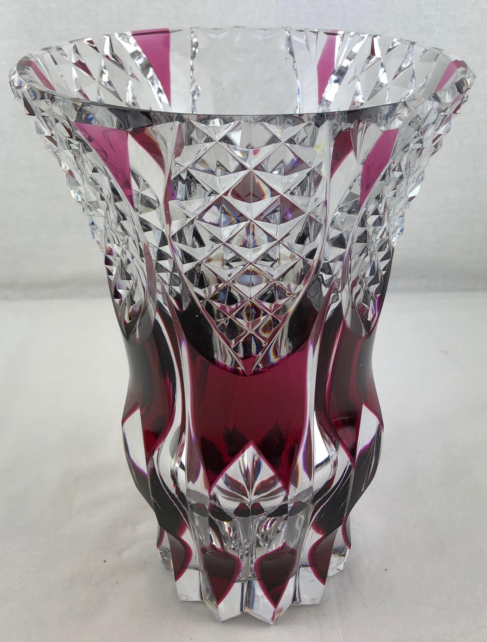 French Cut Crystal Flower Vase Amethyst or Pink Red — detail 4