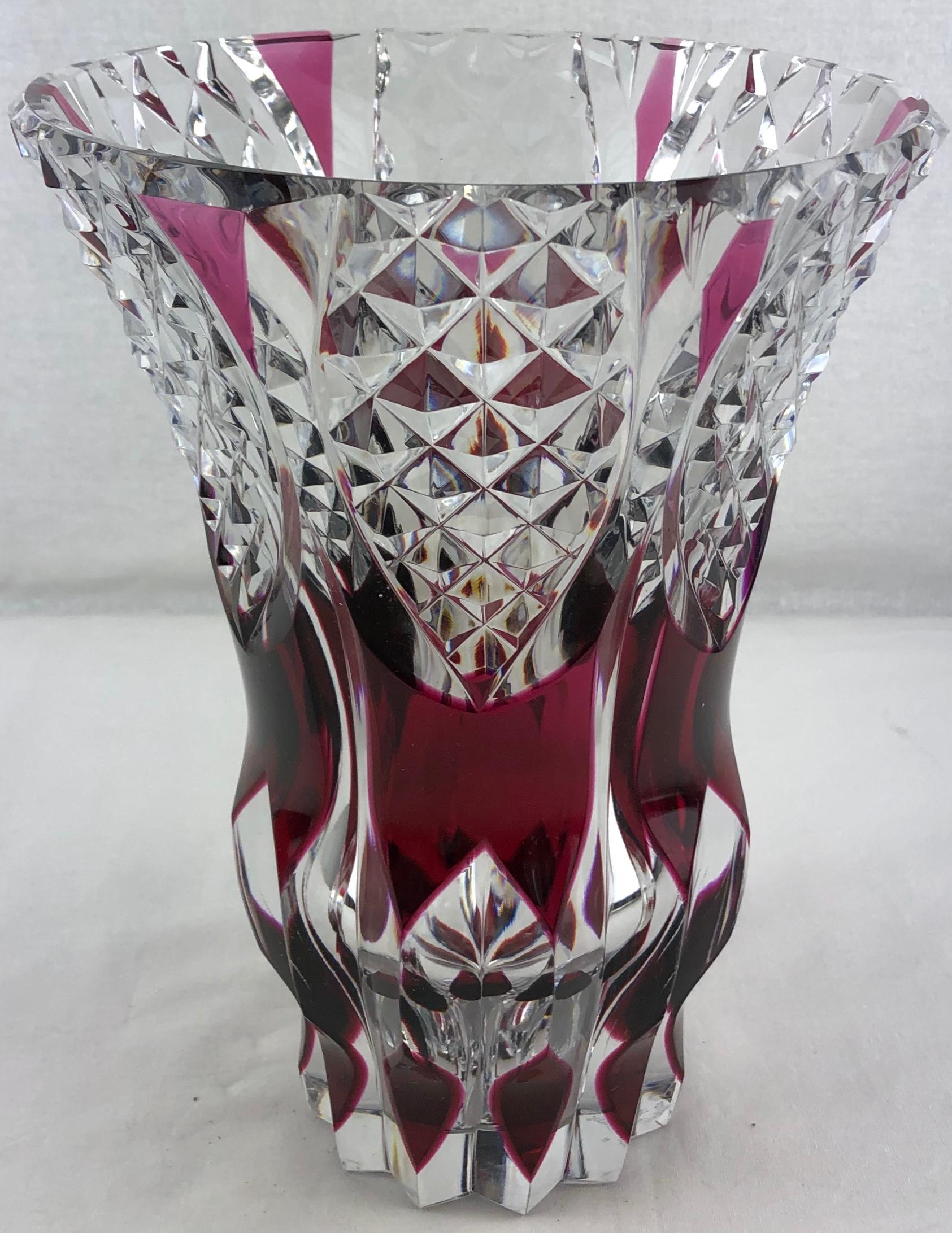French Cut Crystal Flower Vase Amethyst or Pink Red — detail 5