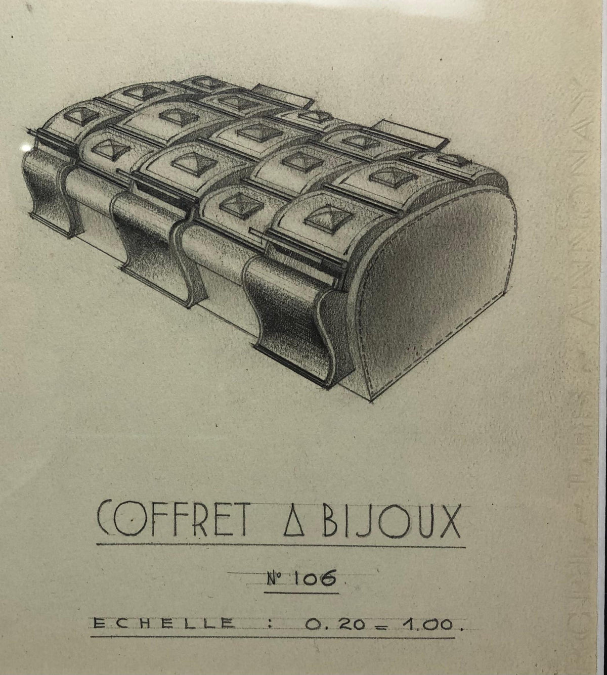 Original Framed Art Deco Jewelry Box Drawing by French Decorator Claude Cior — detail 3
