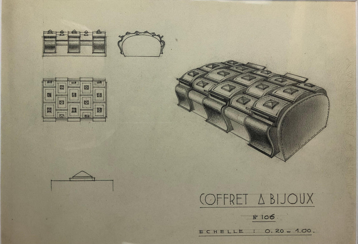 Original Framed Art Deco Jewelry Box Drawing by French Decorator Claude Cior — detail 4