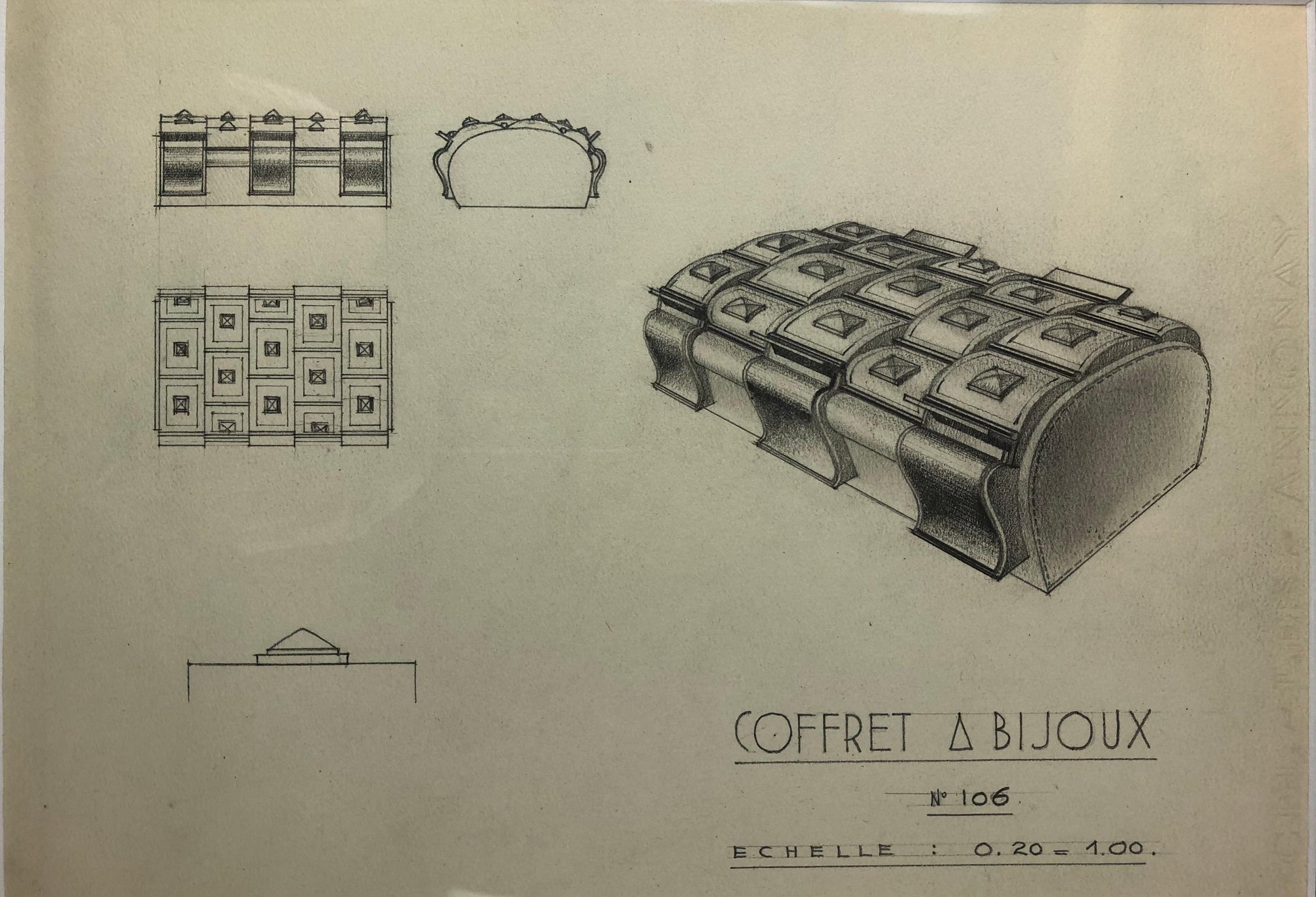 Original Framed Art Deco Jewelry Box Drawing by French Decorator Claude Cior — detail 4