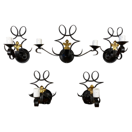 Rene Drouet Art Deco Style Hand Forged Wrought Iron Sconces Set of 5