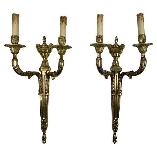 Large Pair of 19th Century French Louis XVI Style Bronze Two-Armed Wall Sconces