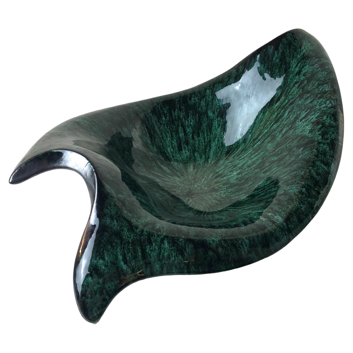 Large French Midcentury Black Matte and Glazed Green Ceramic Bowl Signed