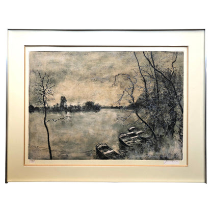 Framed Lithograph Landscape with View of the Lake and Boats Signed