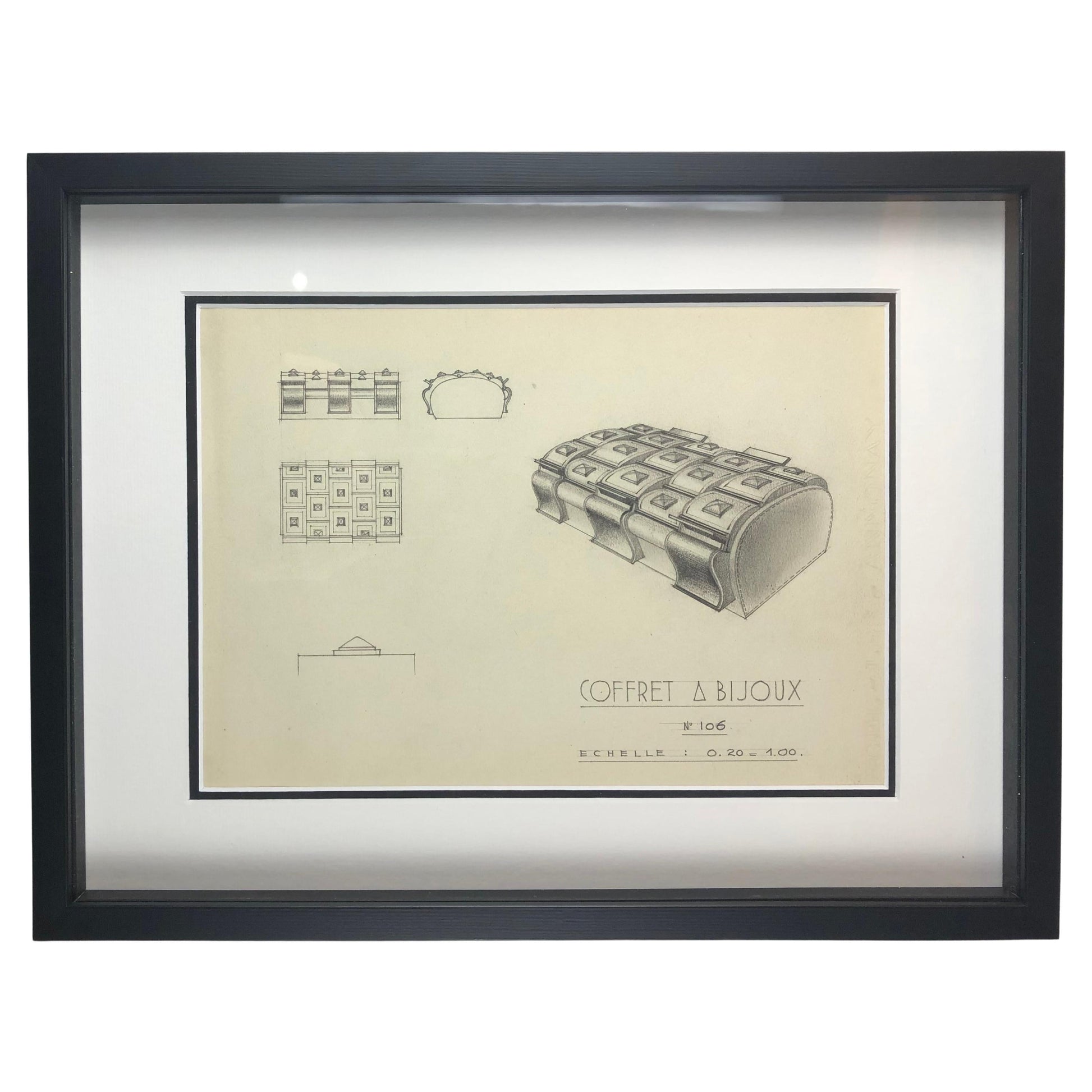 Original Framed Art Deco Jewelry Box Drawing by French Decorator Claude Cior