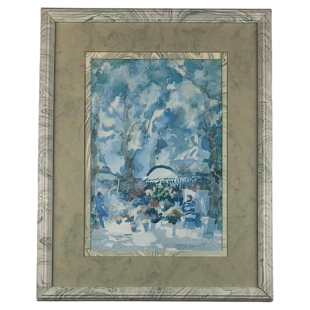 French Watercolor Painting Signed Pierre Jean Llado Marche de Fleurs Nice