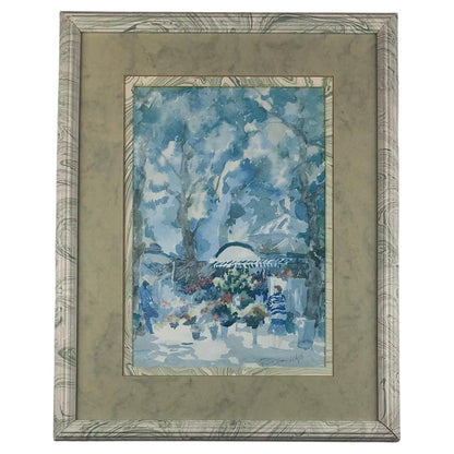 French Watercolor Painting Signed Pierre Jean Llado Marche de Fleurs Nice