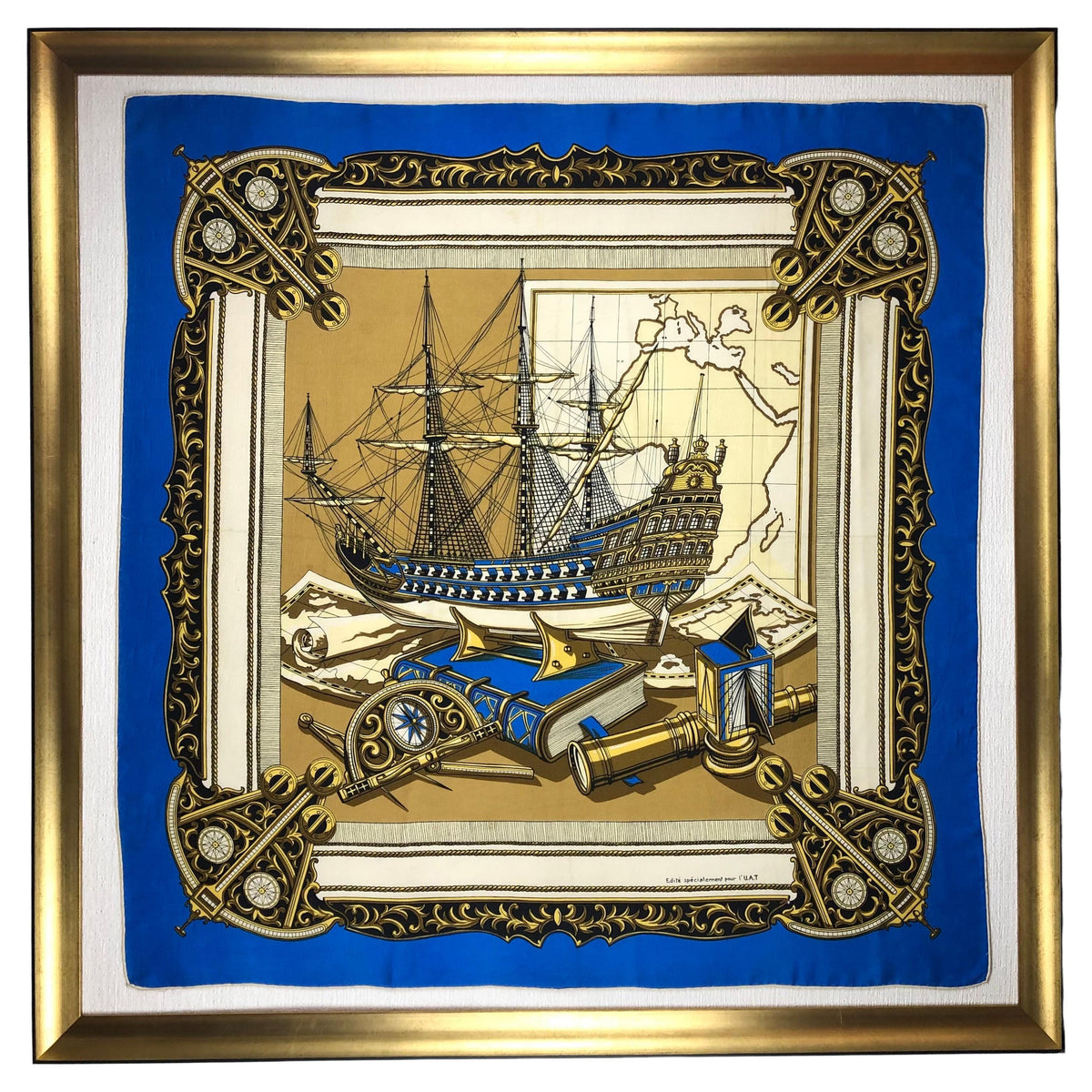 Vintage Framed Hermes Style Scarf Wall Art, Navy, Gold & Blue Sailboat