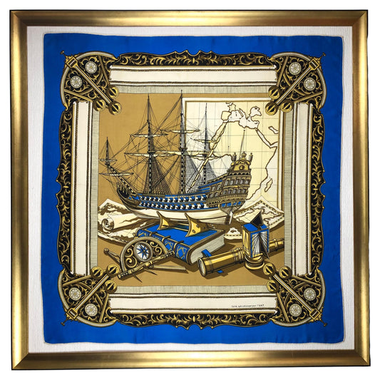 Vintage Framed Hermes Style Scarf Wall Art, Navy, Gold & Blue Sailboat