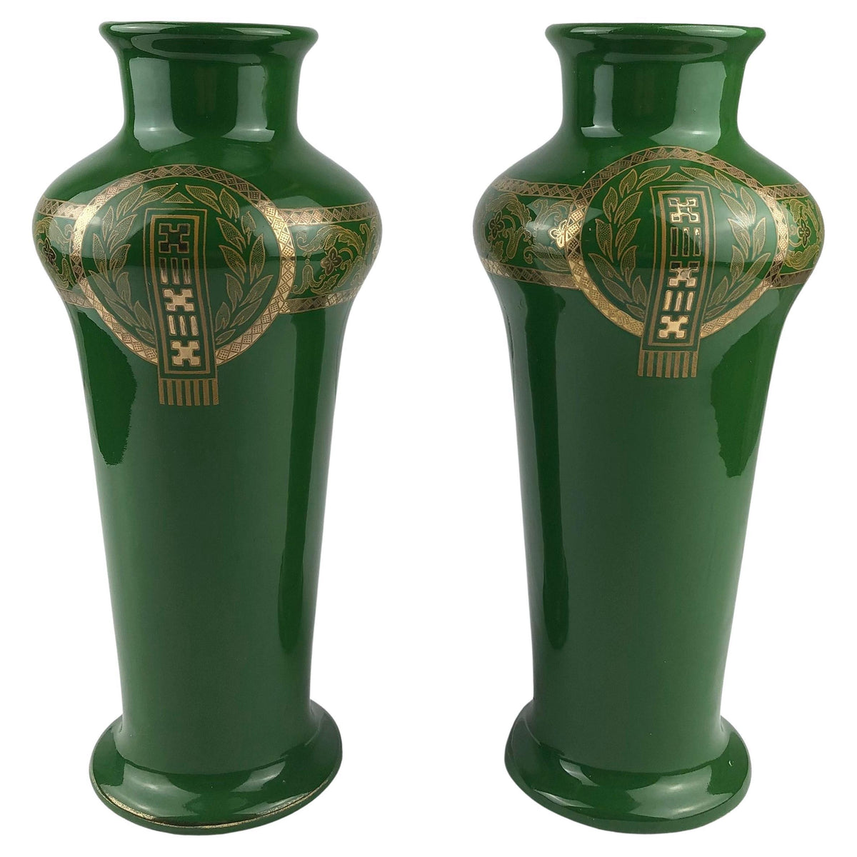 Green & Gold Pair of French Art Deco Porcelain Vases by Sarreguemines