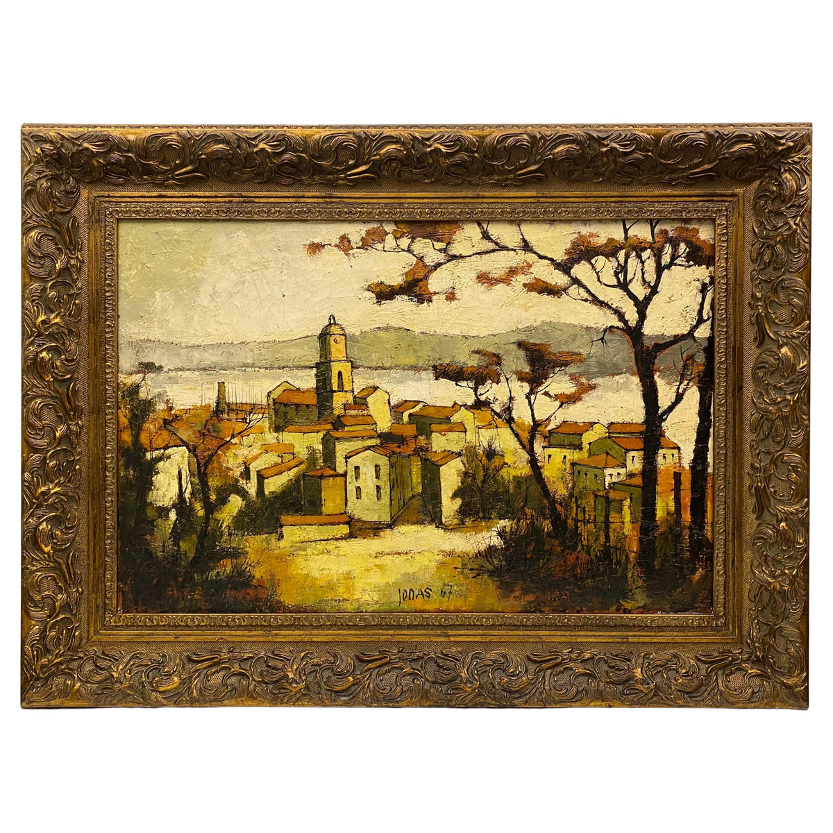 Autumn Scene of a French Seaside Village Oil Painting in Gilt Wood Frame, Signed