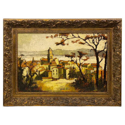 Autumn Scene of a French Seaside Village Oil Painting in Gilt Wood Frame, Signed