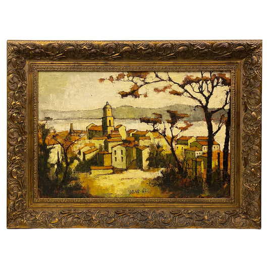 Autumn Scene of a French Seaside Village Oil Painting in Gilt Wood Frame, Signed