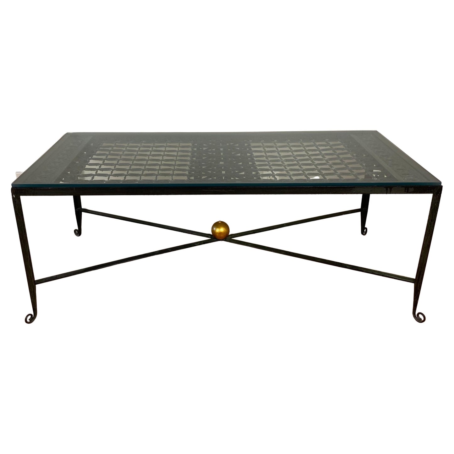 Decorative Wrought Iron Cocktail Coffee Table, Architectural Element Glass Top
