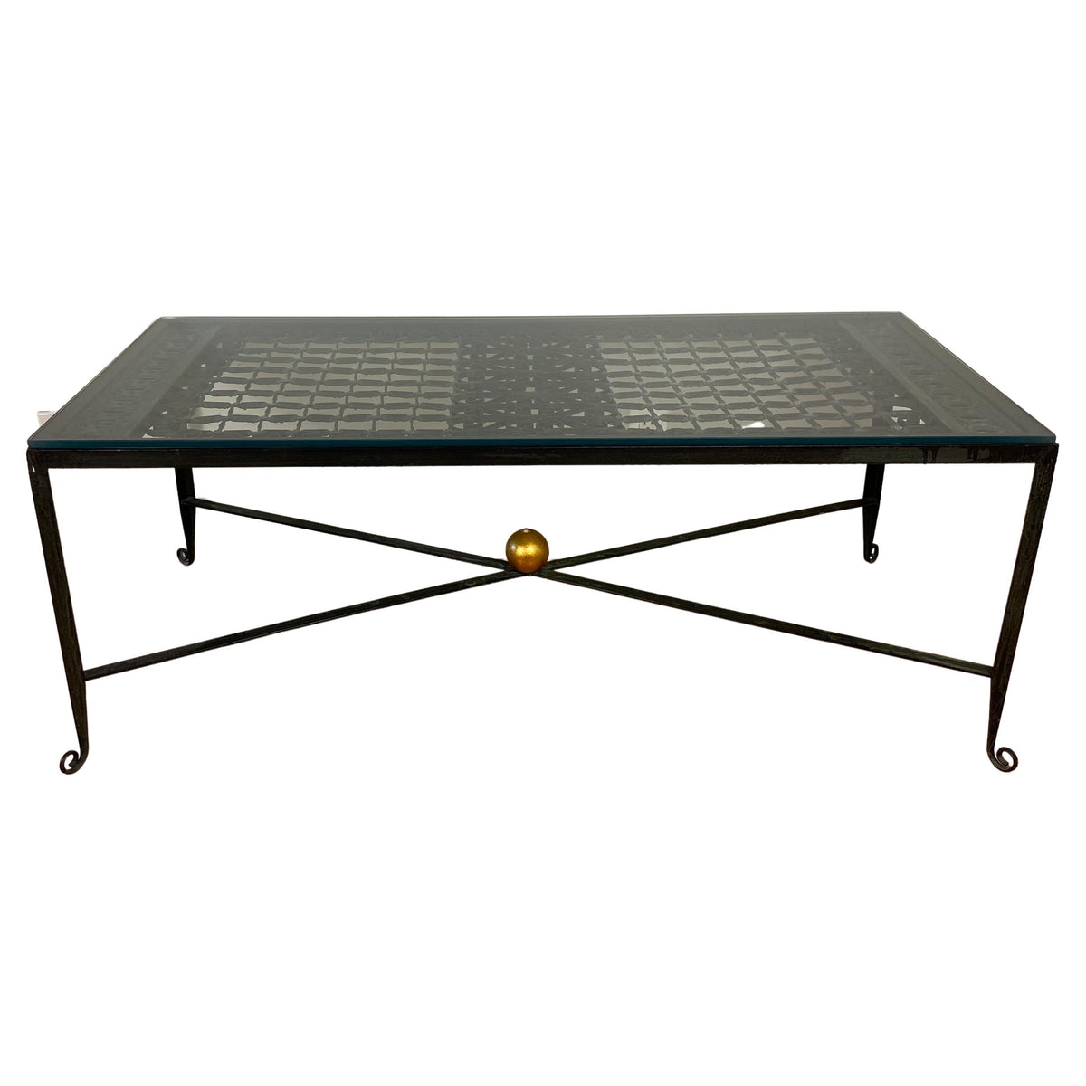 Decorative Wrought Iron Cocktail Coffee Table, Architectural Element Glass Top