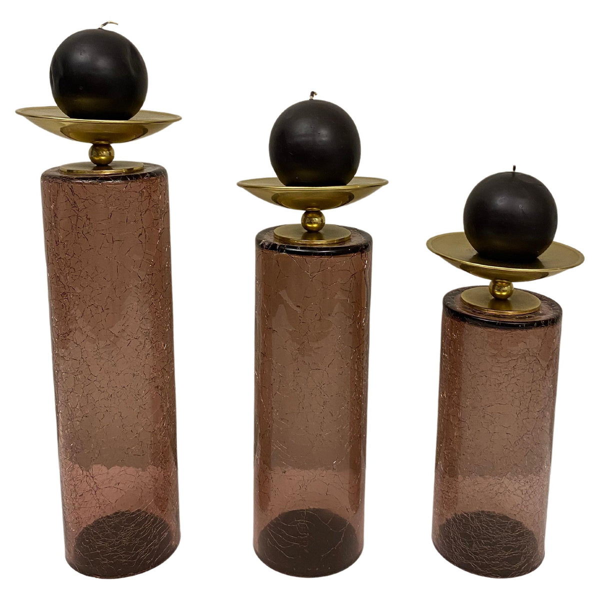 Set of 3 Glass and Brass American Modernist Candleholders, Purple Gold