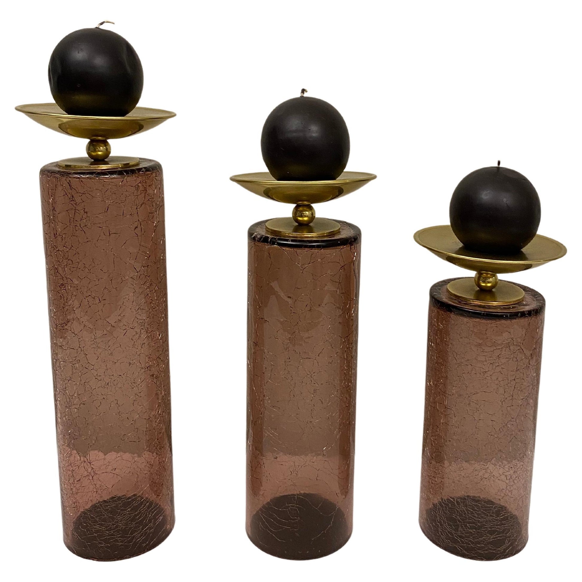 Set of 3 Glass and Brass American Modernist Candleholders, Purple Gold