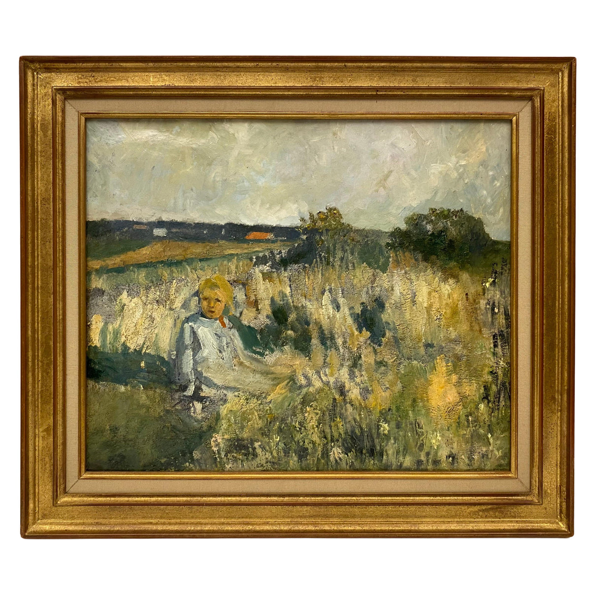 French Post Impressionist Oil on Canvas Painting, Child in a Field in Provence