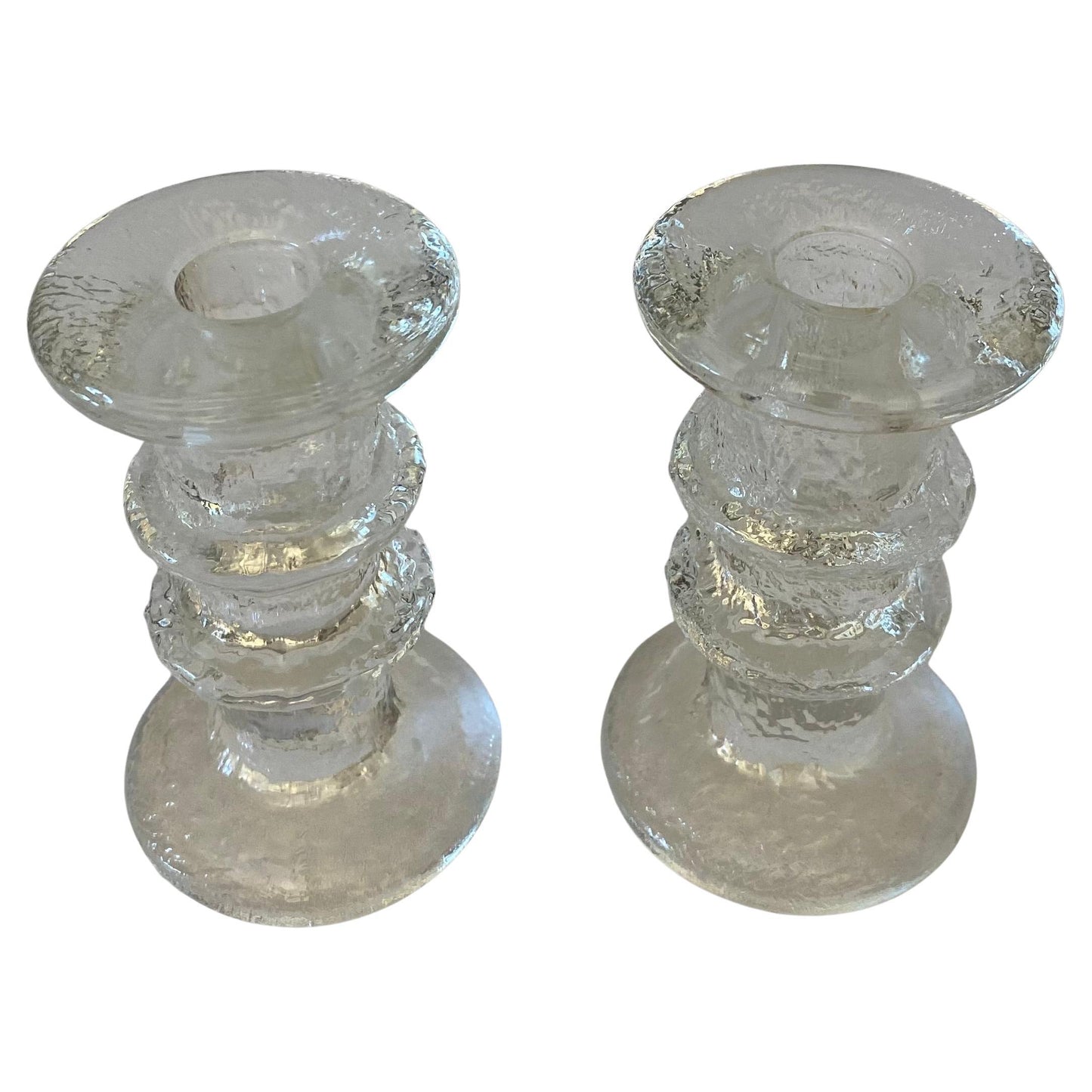 Pair of Small Crystal Candle Holders in the Style of Kosta Boda