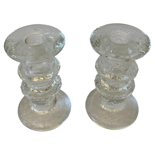 Pair of Small Crystal Candle Holders in the Style of Kosta Boda