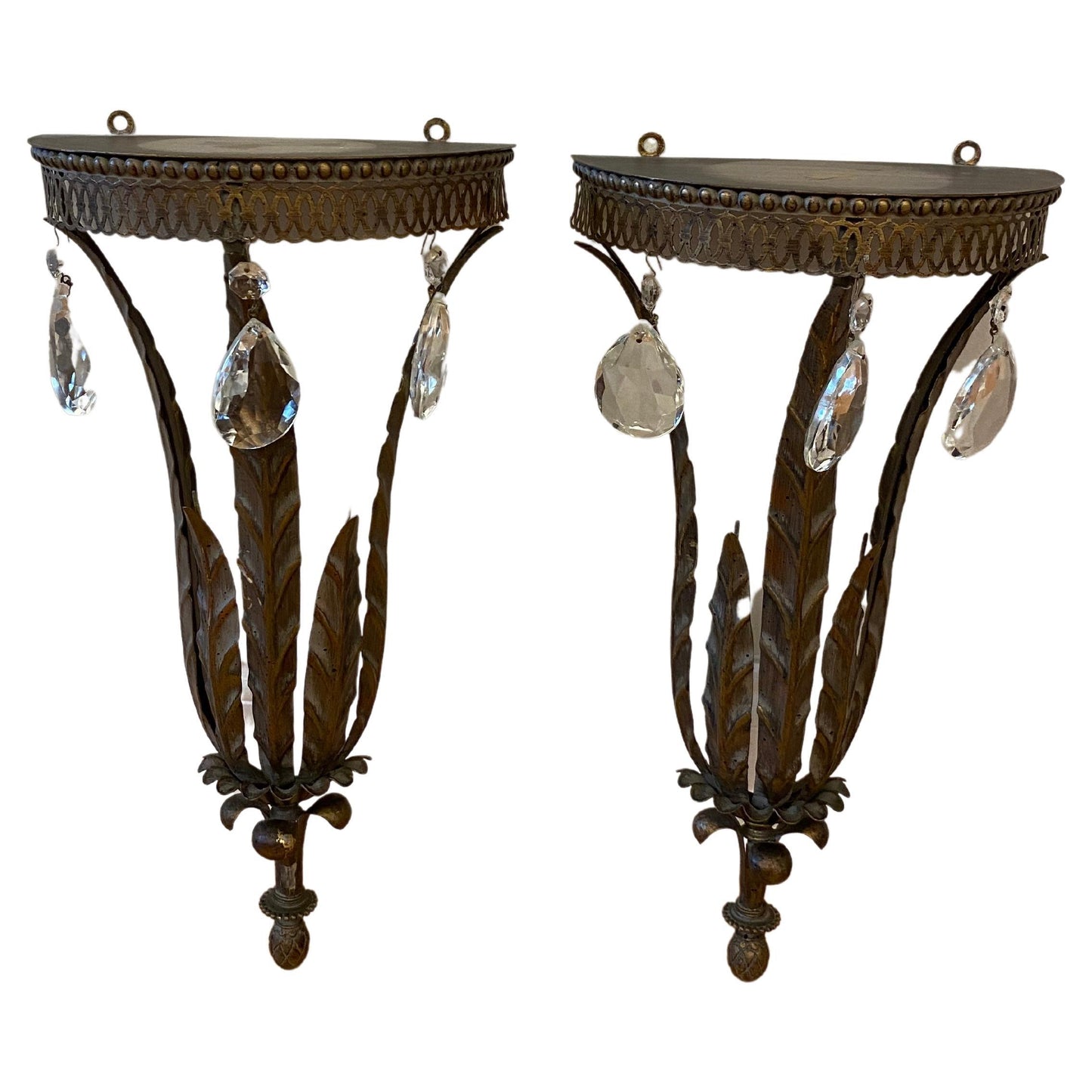 Pair of Italian Metal & Crystal Wall Brackets Shelves
