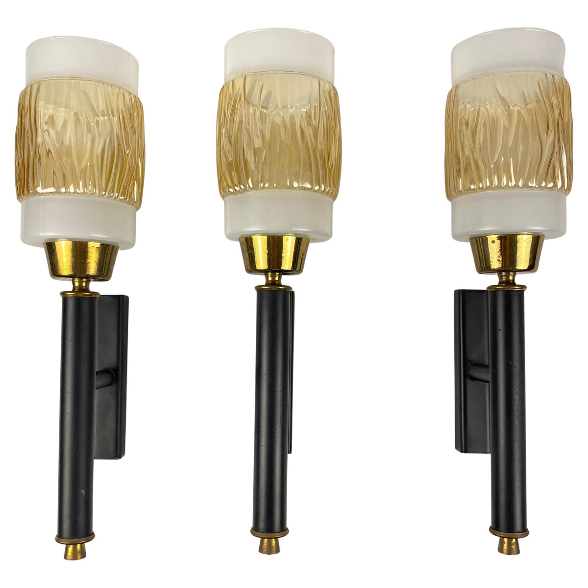 Set of 3 Midcentury Glass and Brass Sconces, Attributed to Maison Arlus/Lunel — detail 5