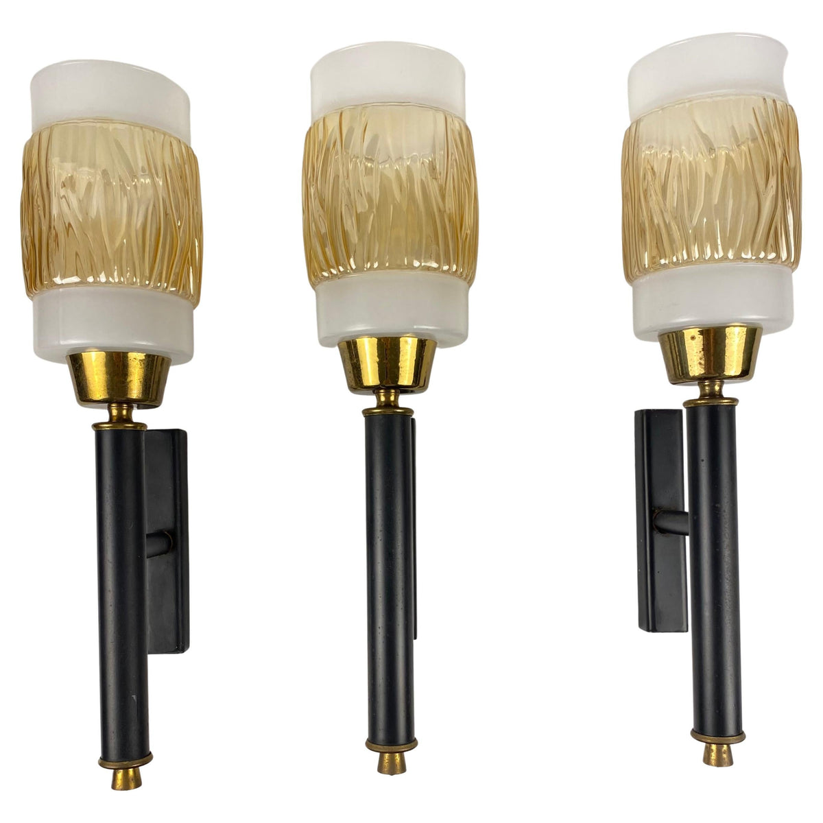 Set of 3 Midcentury Glass and Brass Sconces, Attributed to Maison Arlus/Lunel