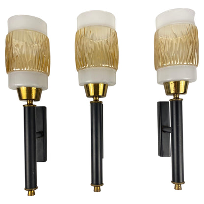 Set of 3 Midcentury Glass and Brass Sconces, Attributed to Maison Arlus/Lunel