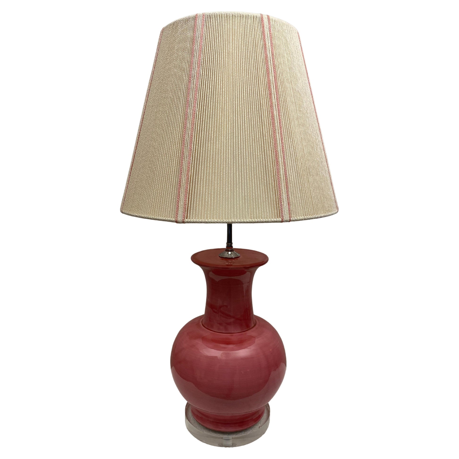 French Ceramic and Lucite Table Lamp Pink and Clear Base — detail 2