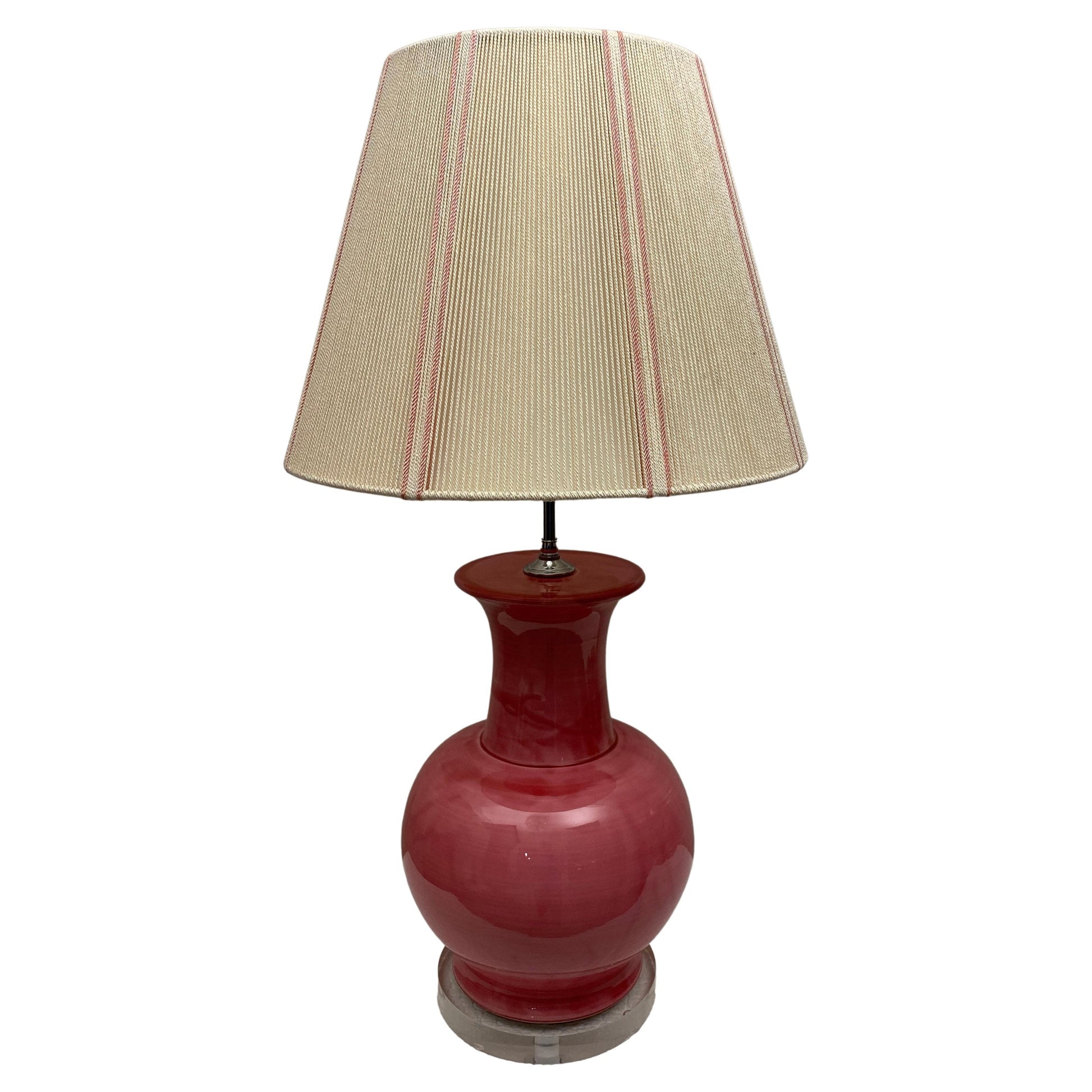 French Ceramic and Lucite Table Lamp Pink and Clear Base