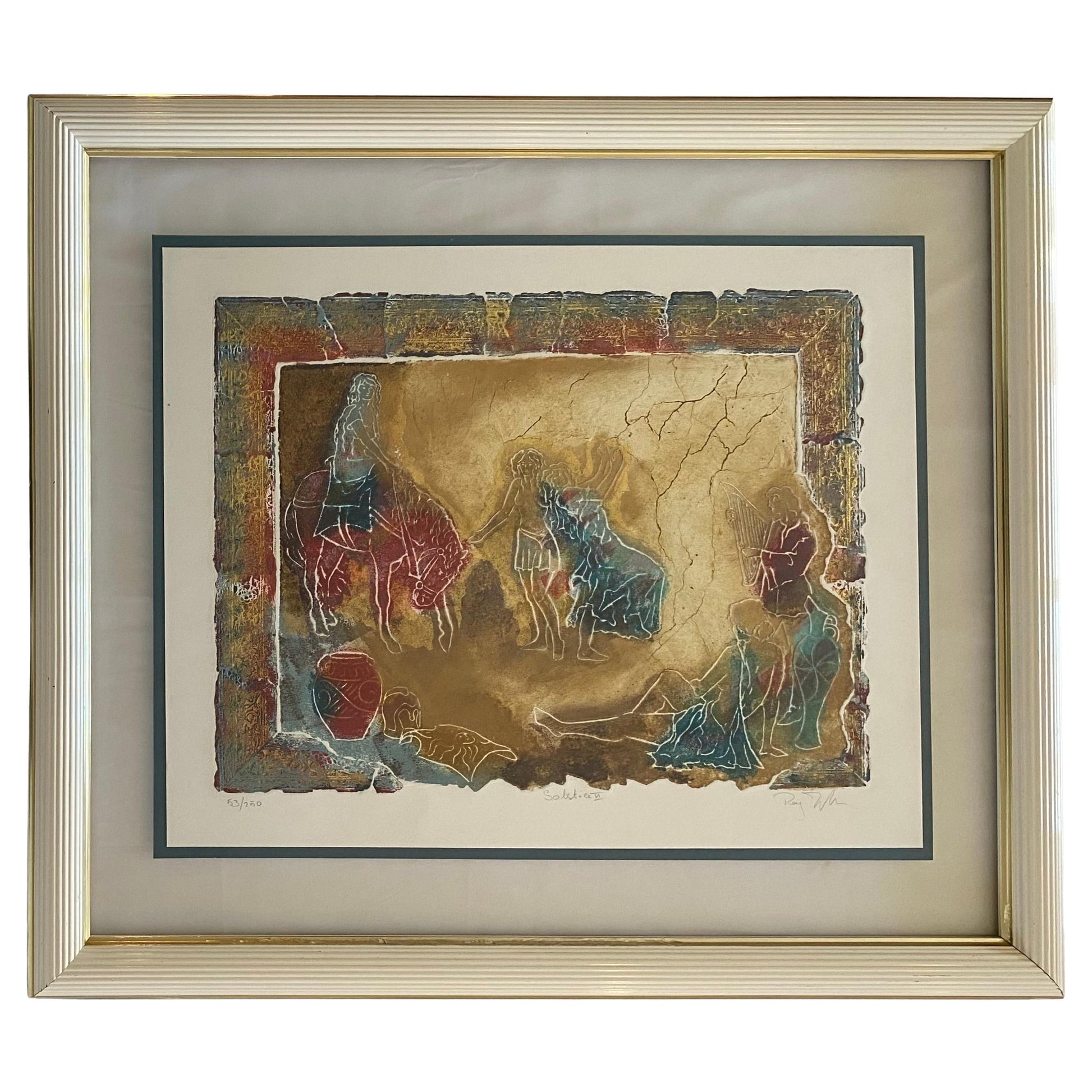 Large Framed Color Lithograph Women Horse Riders and Dancers Signed