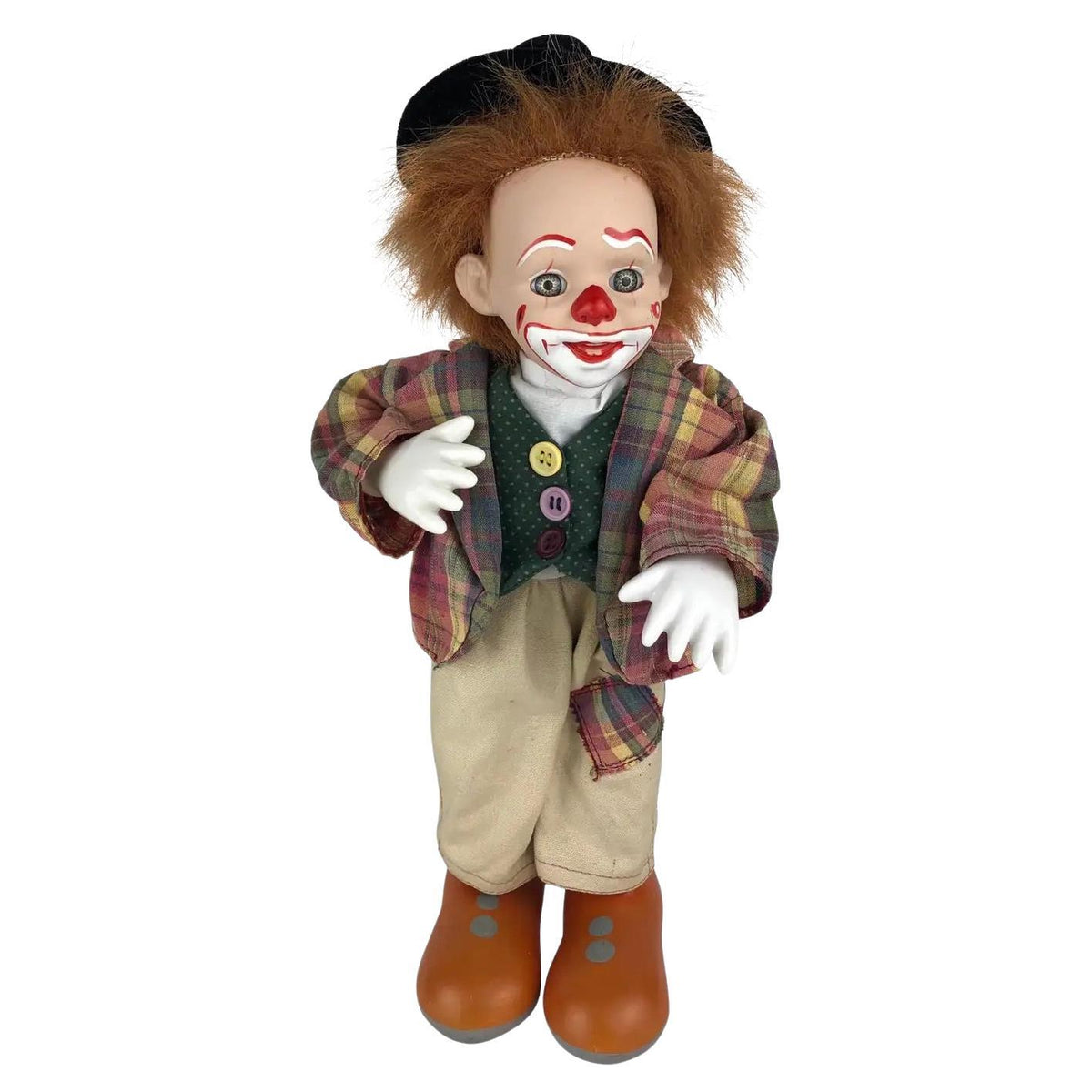 Vintage French Musical Automaton Clown Doll, Porcelain Head & Hands, 1950s