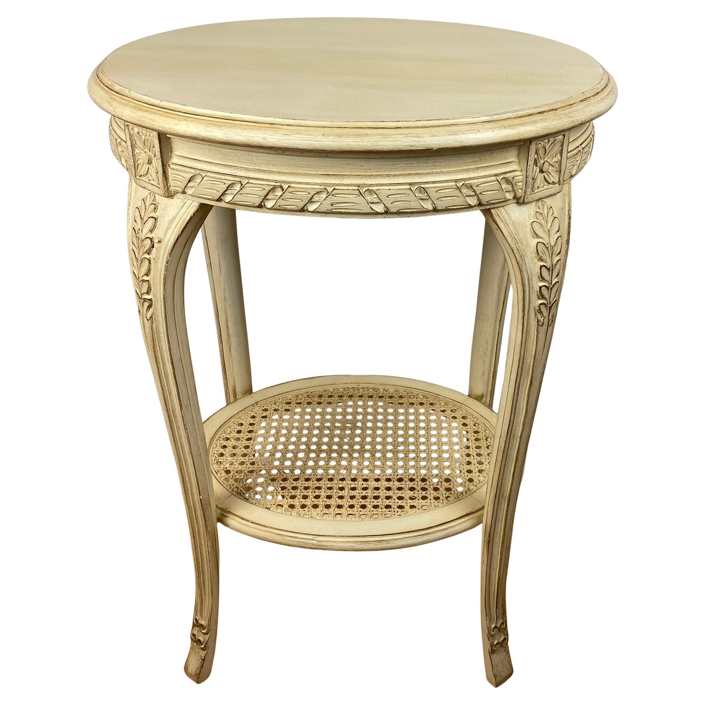 French Louis XVI Style Side Table with Caned Bottom Shelf