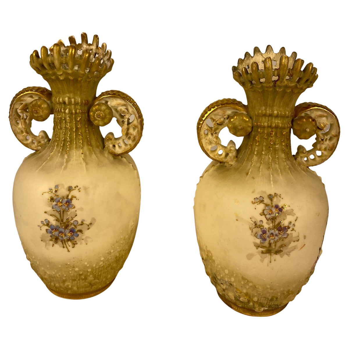 Pair of Royal Worcester Style Hand-Crafted Porcelain Vases Blush Ivory Austrian — detail 2