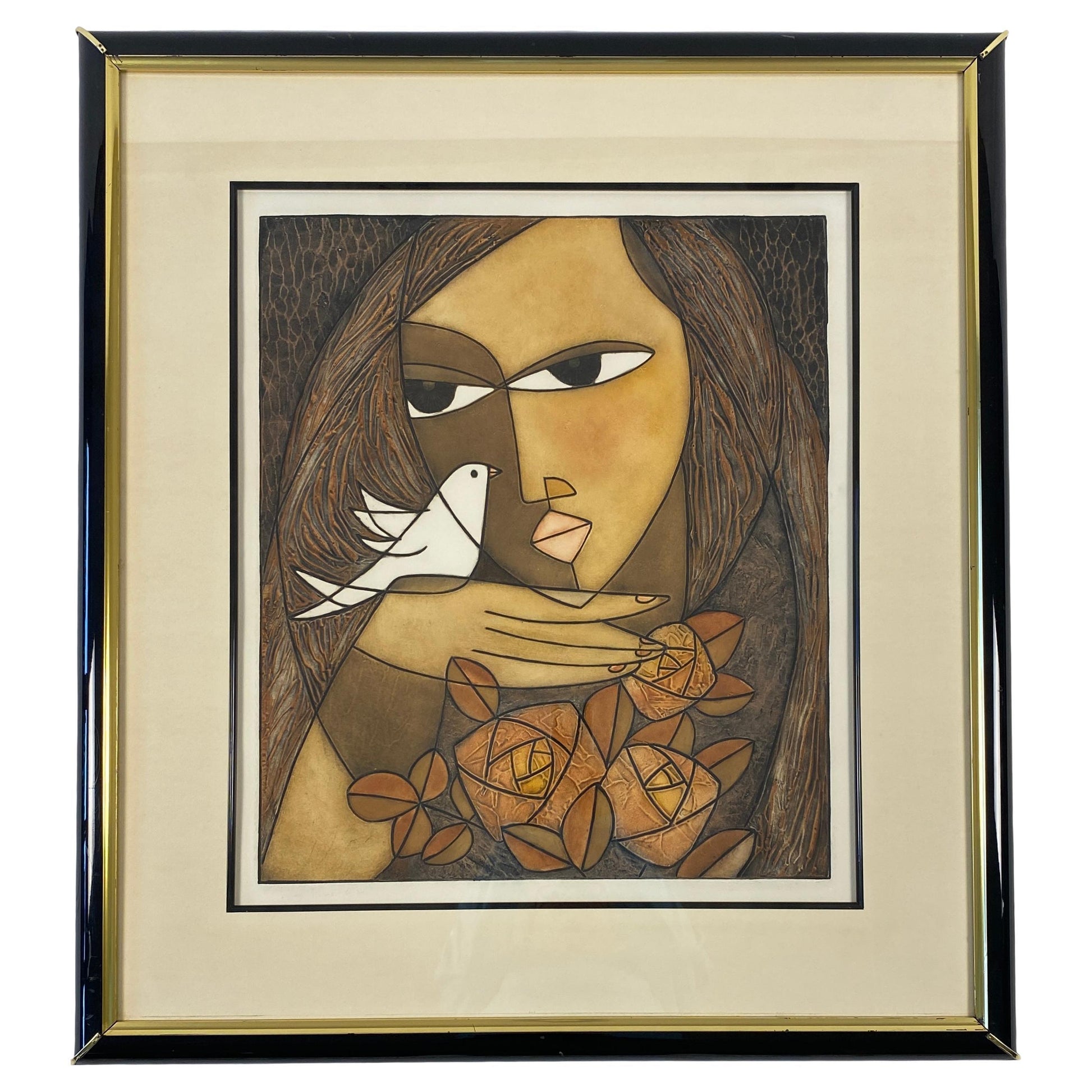 Framed Original Print Woman holding a Dove, Pencil Signed by the Artist Houng