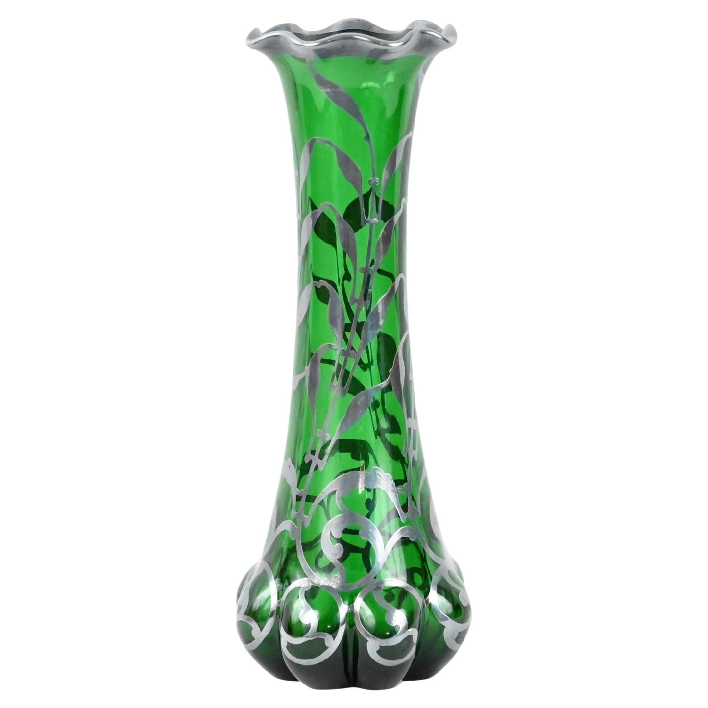 Loetz Green Glass Vase with Alvin Sterling Silver Overlay