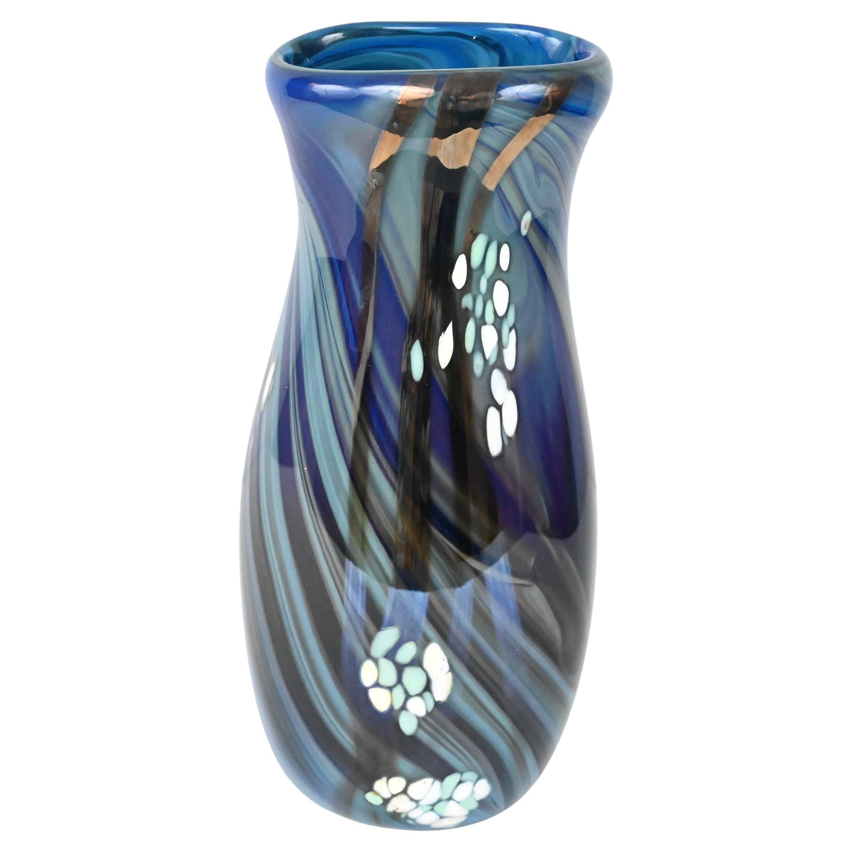 Mid-Century Art Glass Flower Vase Signed Swispot, Blue and White Art Glass Vase