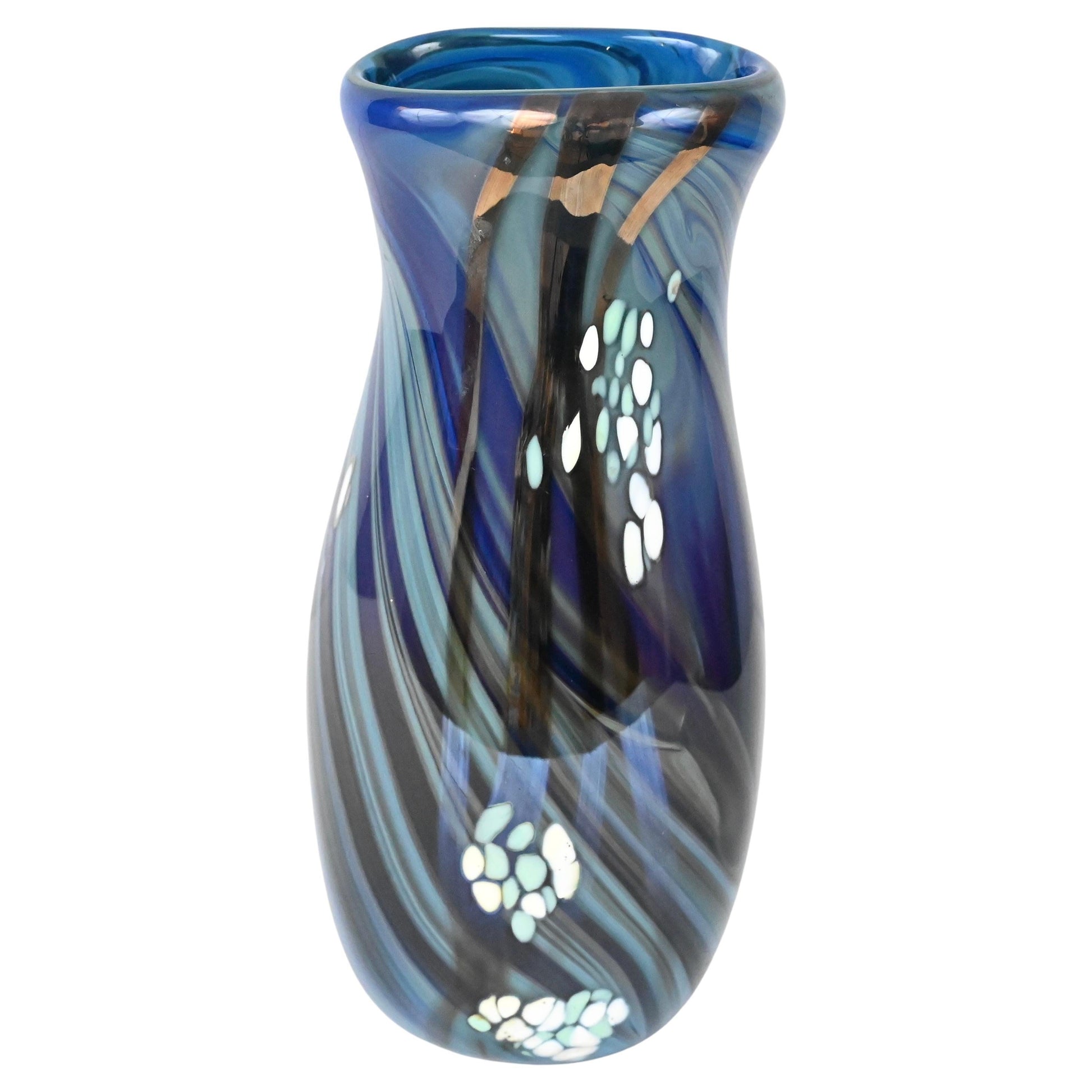Mid-Century Art Glass Flower Vase Signed Swispot, Blue and White Art Glass Vase